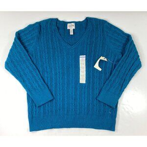 St. Johns Bay Womens Blue Cable Knit V-Neck Long Sleeve Cotton Sweater Size PXXL